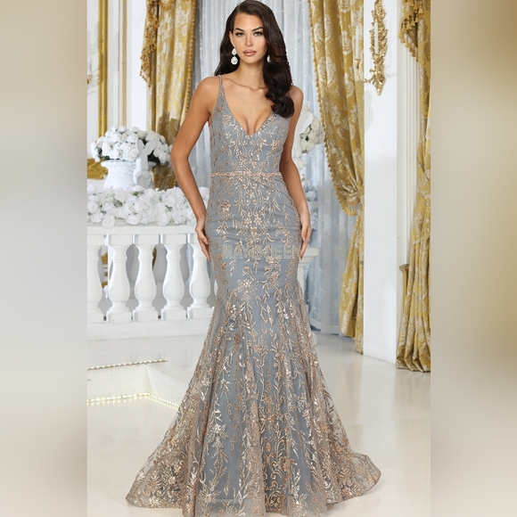 Navy/gold or charcoal/gold mermaid fitted beaded long floor length gown - Picture 5 of 9